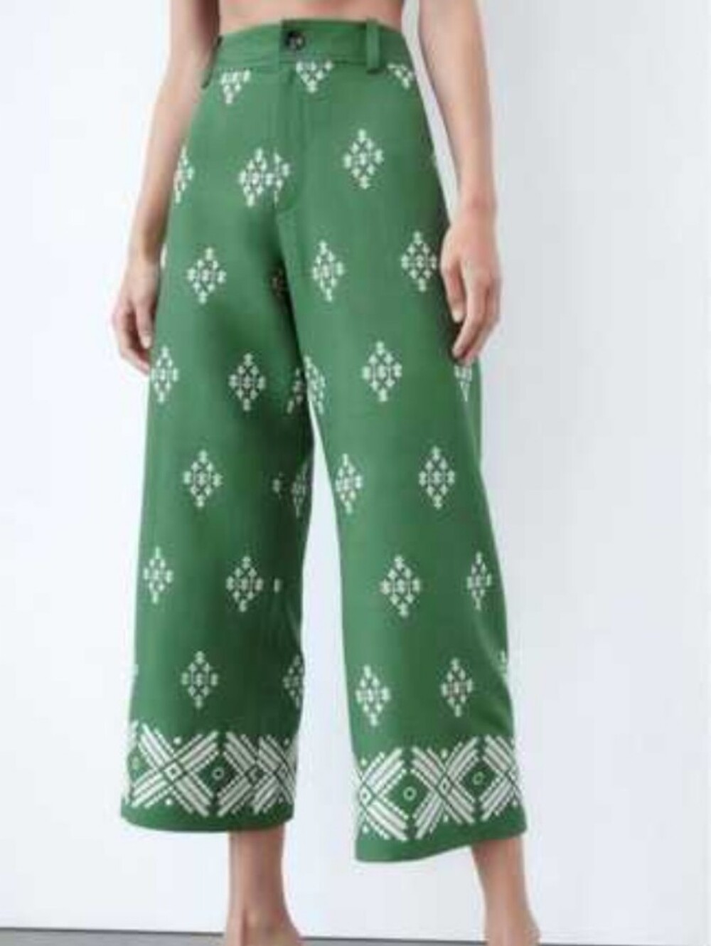 Zara Linen Blend Embroidered Wide Leg Crop Pants